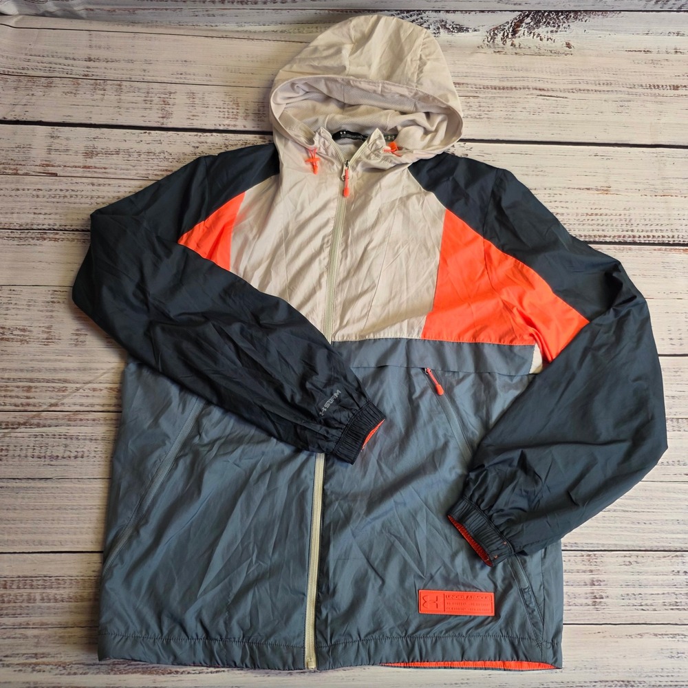 Under Armour Always On Storm Mens Medium Hooded Windbreaker Jacket Grey Orange